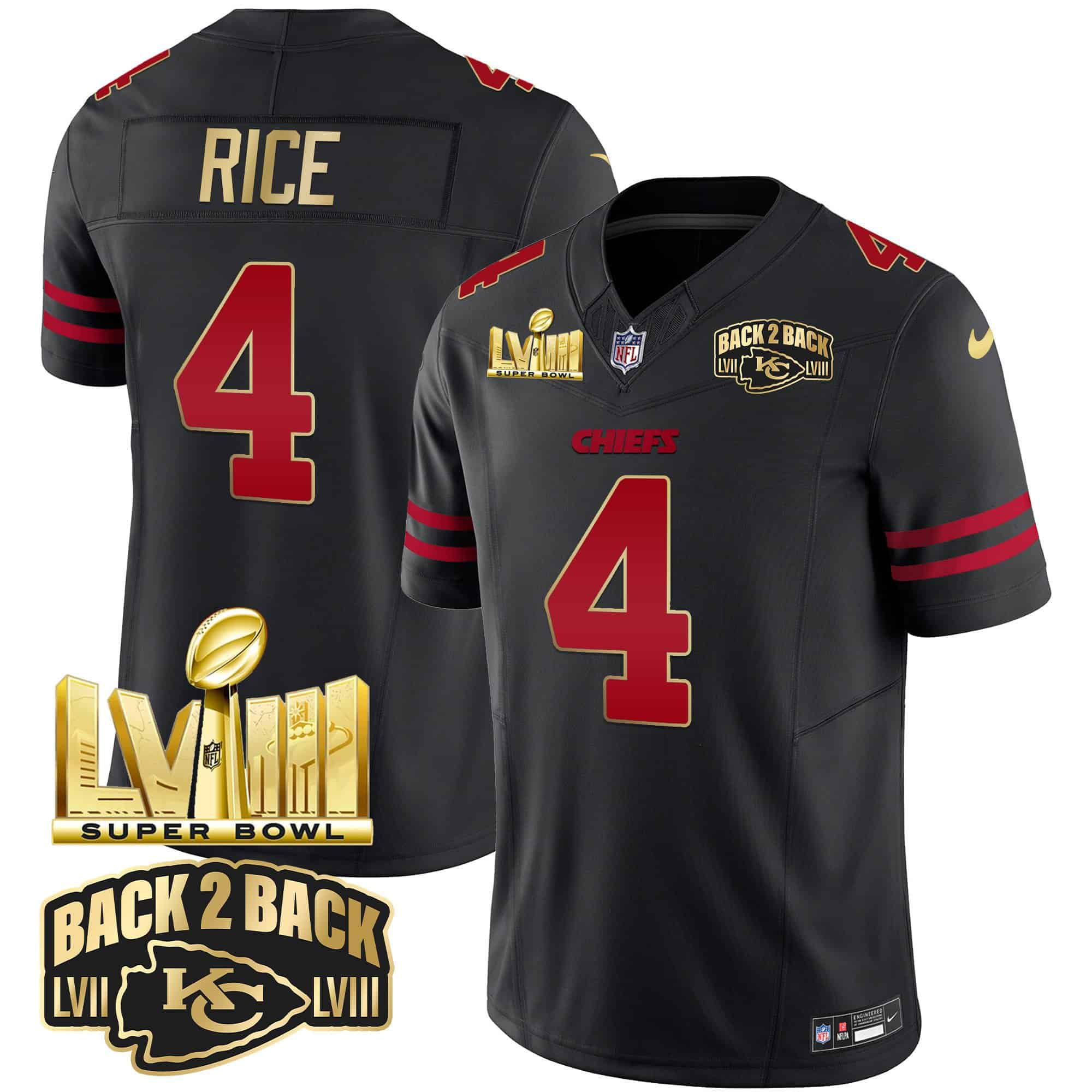 Men Kansas City Chiefs 4 Rice Black 2024 Nike Super Bowl LVIII & Back 2 Back Gold Patch Vapor NFL Jersey style 1